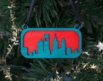 Philadelphia Skyline Ornament (Blue & Red Laser Cut Wood) Holiday Home Decor, Christmas Tree Gift