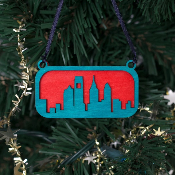 Philadelphia Skyline Ornament (Blue & Red Laser Cut Wood) Holiday Home Decor, Christmas Tree Gift