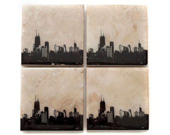 Chicago Skyline Coaster Set: Edition I (4 Stone Coasters, Black & White) Cityscape Home Decor