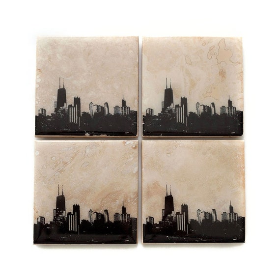 Chicago Skyline Coaster Set: Edition I (4 Stone Coasters, Black & White) Cityscape Home Decor