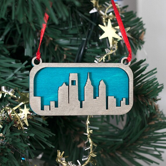 Philadelphia Skyline Ornament (Silver & Blue Laser Cut Wood) Holiday Home Decor / Christmas Tree Gift