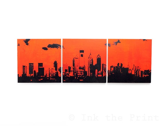 Philadelphia Skyline Triptych: Orange and Black Cityscape Wall Art (3 x 1 Ft.)