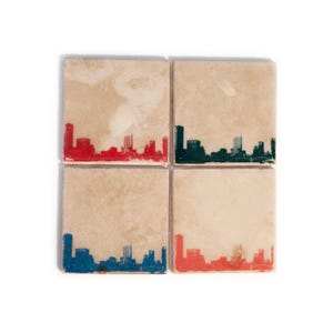 Austin Skyline Coaster Set (4 Stone Coasters, Orange, Green, Blue, & Red) Cityscape Home Decor