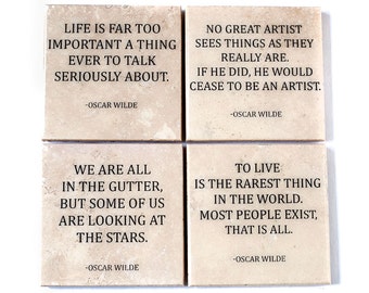 Quote Coaster Set: Oscar Wilde (4 Stone Coasters, Bare Stone with Black Text) Literature Home Decor