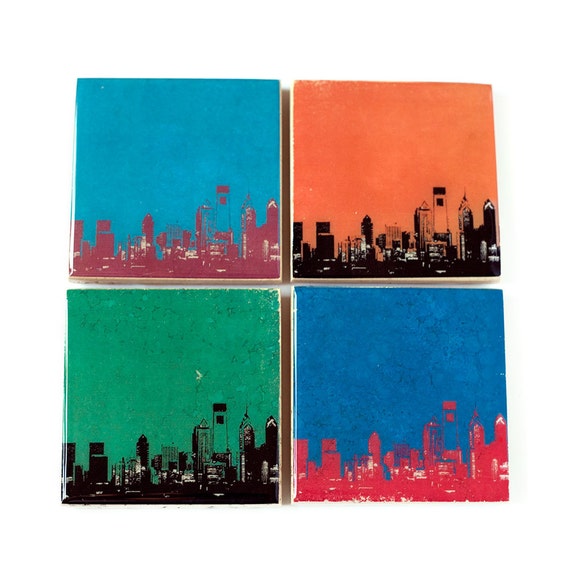 Philadelphia Skyline Sports Coaster Set (4 Stone Coasters) Philly Cityscape Home Decor