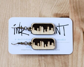 Houston Skyline Earrings (Laser Cut Wood) Cityscape Jewelry