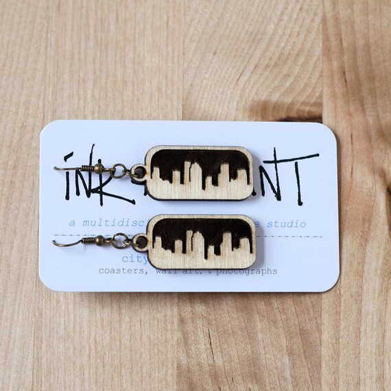 Houston Skyline Earrings (Laser Cut Wood) Cityscape Jewelry