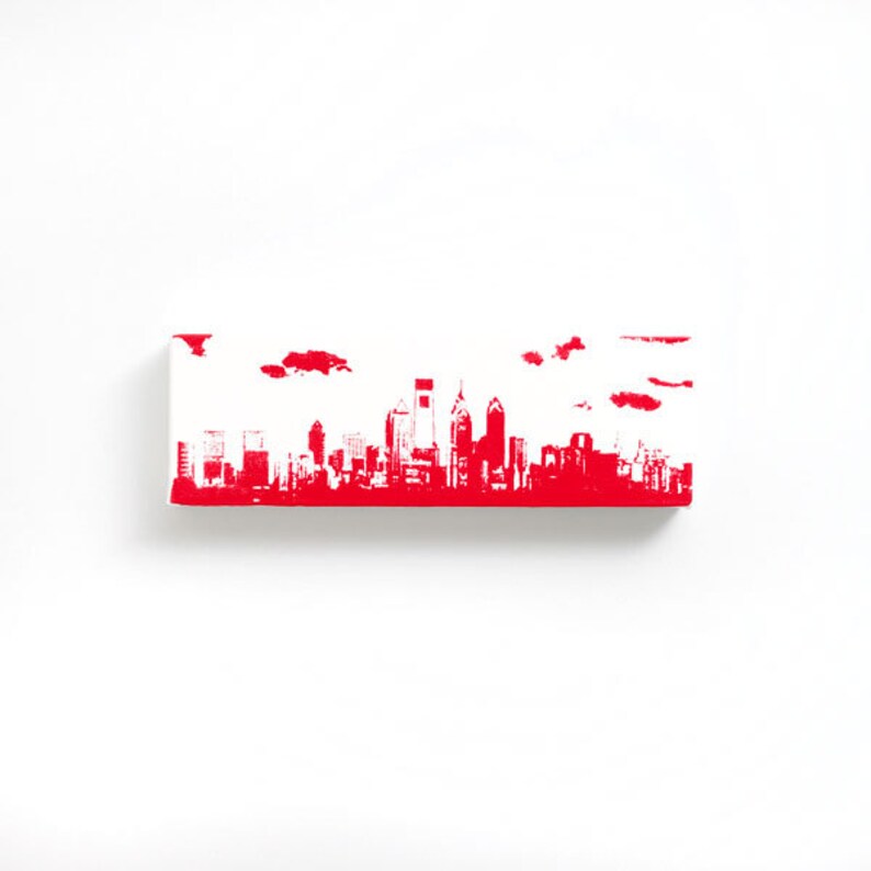 Philadelphia Skyline Canvas 12 x 4 inches, White with Red City Skyline Screen Print and Painting Home Decor image 1