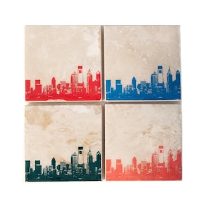Philadelphia Skyline Coaster Set (4 Stone Coasters, Orange, Green, Blue, & Red) Philly Cityscape Home Decor