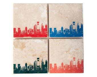 Philadelphia Skyline Coaster Set (4 Stone Coasters, Orange, Green, Blue, & Red) Philly Cityscape Home Decor