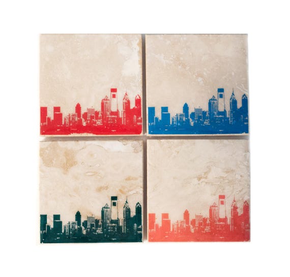 Philadelphia Skyline Coaster Set (4 Stone Coasters, Orange, Green, Blue, & Red) Philly Cityscape Home Decor