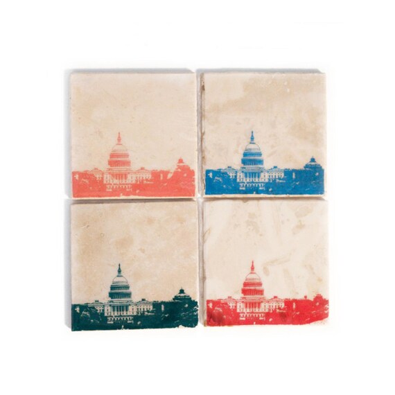 Washington DC Skyline Coaster Set (4 Stone Coasters, Orange, Green, Blue, & Red) Cityscape Home Decor