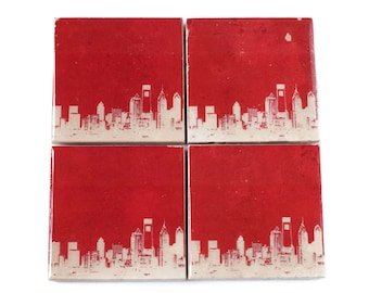 Philadelphia Skyline Coaster Set (4 Stone Coasters, Red and White) Philly Cityscape Home Decor