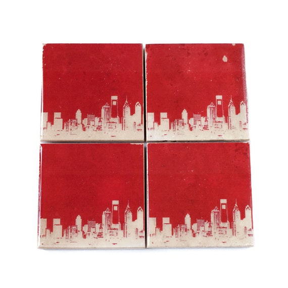 Philadelphia Skyline Coaster Set (4 Stone Coasters, Red and White) Philly Cityscape Home Decor