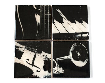 Music Coasters: Musical Instrument Gift (4 Stone Coasters, Black and White) Father's Day Gift