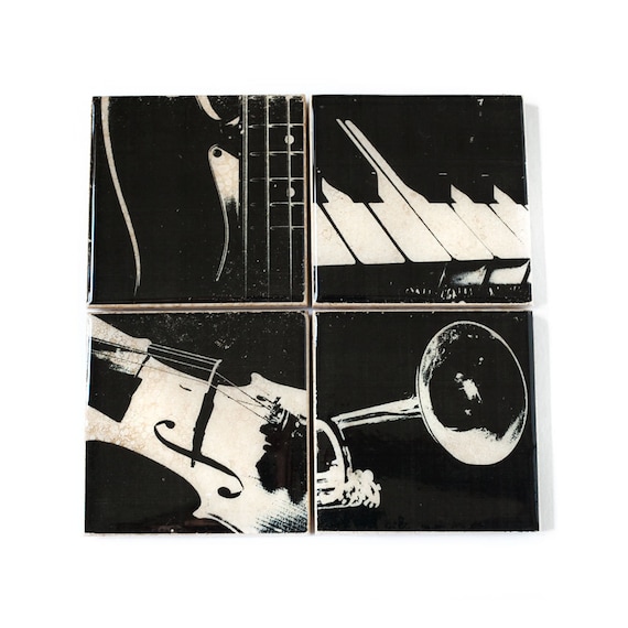 Music Coasters: Musical Instrument Gift (4 Stone Coasters, Black and White) Father's Day Gift