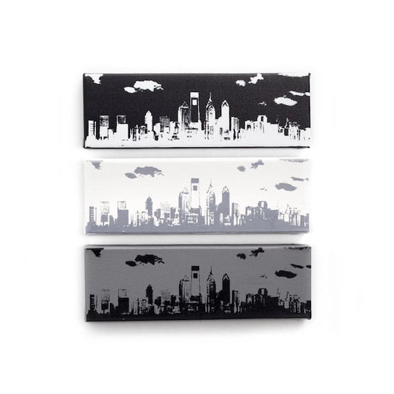 Philadelphia Skyline Canvas: Monochrome Trio (12 x 4 inches each, Black, White, & Gray) Cityscape Screen Print