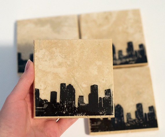 Houston Skyline Coaster Set (4 Stone Coasters, Black & White) Cityscape Home Decor