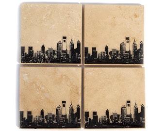 Philadelphia Skyline Coaster Set (4 Stone Coasters, Black & White) Philly Cityscape Home Decor