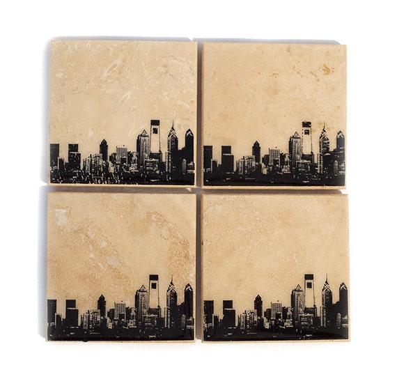 Philadelphia Skyline Coaster Set (4 Stone Coasters, Black & White) Philly Cityscape Home Decor