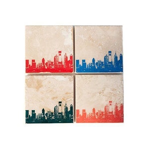 Philadelphia Skyline Coaster Set (4 Stone Coasters, Orange, Green, Blue, & Red) Philly Cityscape Home Decor