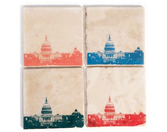 Washington DC Skyline Coaster Set (4 Stone Coasters, Orange, Green, Blue, & Red) Cityscape Home Decor