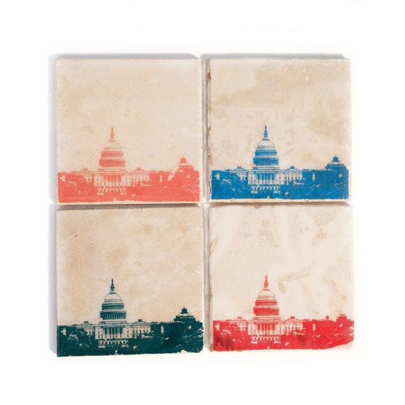 Washington DC Skyline Coaster Set (4 Stone Coasters, Orange, Green, Blue, & Red) Cityscape Home Decor