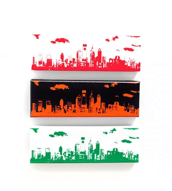 Philadelphia Skyline Canvas: Philly Sports Trio Edition II (12 x 4 inches each) Green, White, Red, Black, and Orange