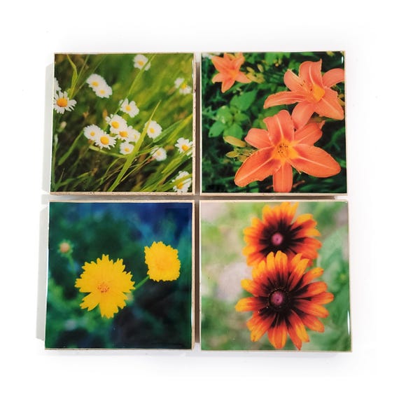 Flower Coaster Set (4 Stone Coasters) Daisies, Lilies, & Rudbeckias