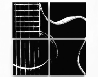 Acoustic Guitar Abstraction Wall Art (4 Wood Pieces, 6 x 6 inches each, Various Color Options with White) Music Home Decor