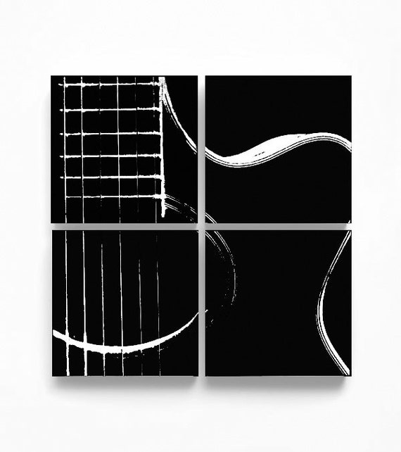 Acoustic Guitar Abstraction Wall Art (4 Wood Pieces, 6 x 6 inches each, Various Color Options with White) Music Home Decor