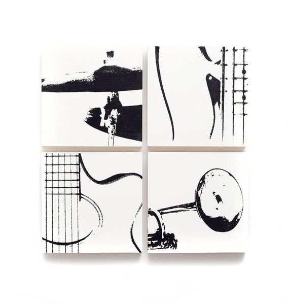 Music Wall Art Set of 4 (6 x 6 inches each) : Guitar, Trumpet, Bass, & Cymbal on Wood (White with Black) Screen Print and Painting