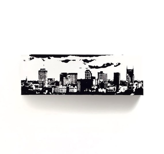 Nashville Skyline Canvas (12 x 4 inches, White with Black) Cityscape Screen Print Home Decor