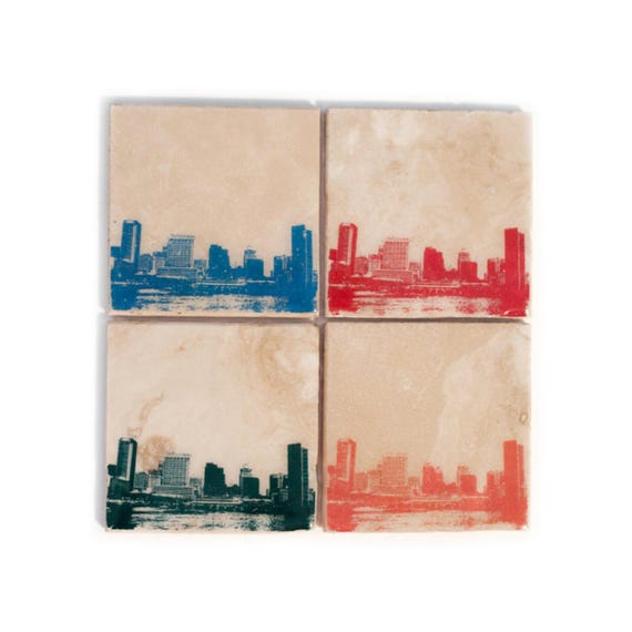 Baltimore Skyline Coaster Set (4 Stone Coasters, Orange, Green, Blue, & Red) Cityscape Home Decor