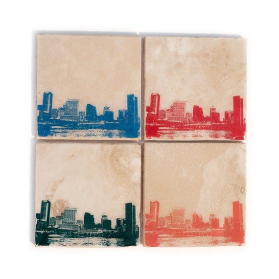 Baltimore Skyline Coaster Set (4 Stone Coasters, Orange, Green, Blue, & Red) Cityscape Home Decor