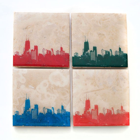 Chicago Skyline Edition I Coaster Set (4 Stone Coasters, Red, Green, Blue, & Orange) Cityscape Home Decor