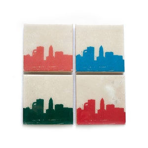 Cleveland Skyline Coaster Set (4 Stone Coasters, Orange, Green, Blue, & Red) Cleveland Ohio Gift, Cityscape Home Decor