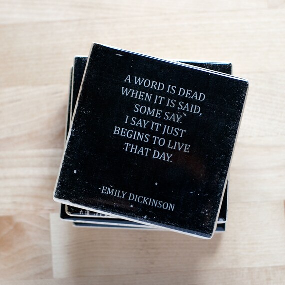 EMILY DICKINSON Quotes Coaster Set (4 Stone Coasters, Black and White) Poetry Home Decor