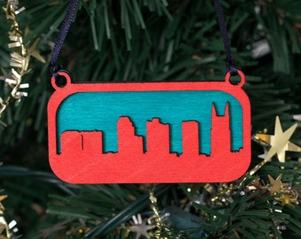 Nashville Skyline Ornament (Red & Blue Laser Cut Wood) Regalo di Natale / Decorazione del paesaggio urbano di Natale