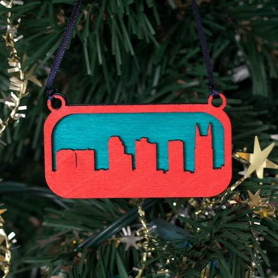 Nashville Skyline Ornament (Red & Blue Laser Cut Wood) Holiday Gift / Christmas Cityscape Decor