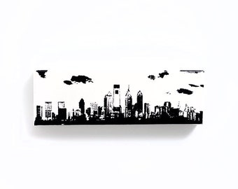 Philadelphia Skyline Canvas (12 x 4 inches, Black and White) Philly Cityscape Screen Print & Painting Wall Art