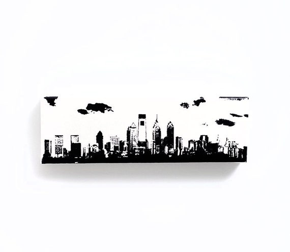 Philadelphia Skyline Canvas (12 x 4 inches, Black and White) Philly Cityscape Screen Print & Painting Wall Art