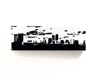 Tela Jacksonville Florida Skyline (12 x 4 pollici, bianco con nero) Stampa serigrafica e pittura sullo skyline della città della Florida per la casa