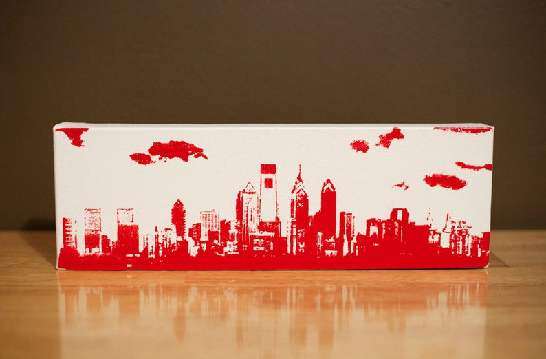 Philadelphia Skyline Canvas 12 x 4 inches, White with Red City Skyline Screen Print and Painting Home Decor image 4
