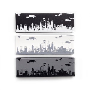 Philadelphia Skyline Canvas: Monochrome Trio (12 x 4 inches each, Black, White, & Gray) Cityscape Screen Print