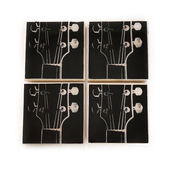 Guitar Coaster Set (4 Stone Coasters, Black and White) Music Home Decor, Gift for Musician