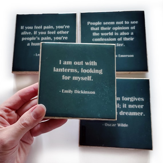 Literature Quote Coaster Set Edition II (4 Green Stone Coasters) Emerson, Dickinson, Tolstoy, Wilde