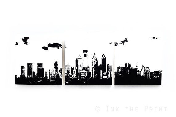Philadelphia Skyline Wall Art: 3 Piece Triptych (Various Color Options) 3 x 1 Foot Philly Cityscape Screen Print & Painting