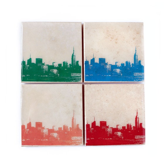 New York Skyline Stone Coasters Set of 4 (Orange, Green, Blue, & Red) City Skyline Home Decor