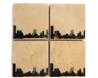 Austin Skyline Coaster Set (4 Stone Coasters, Black & White) Cityscape Home Decor